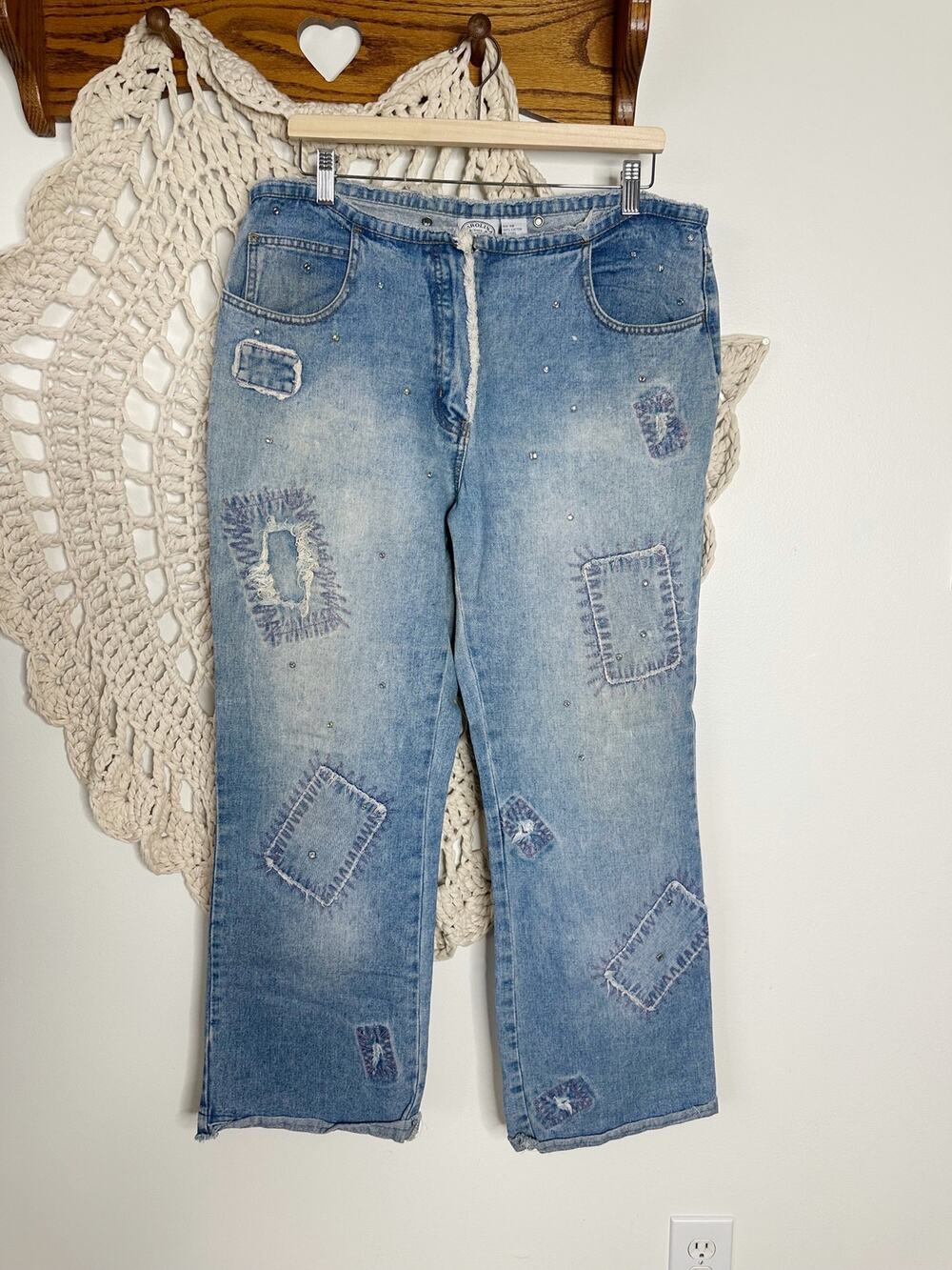Carolina Colors Vintage 90s Y2K Patchwork Embroidered Bootcut Jeans Size 14/16